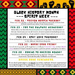 Black History Month - Spirit Week - Tuesday, 2/22 - Monday 2/28